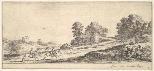 Tablica 9: dwaj jeźdźcy po lewej galopujący pod górę w prawo, koń i siedzący m..., ca. 1641.