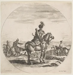Jeździec polski z łukiem i strzałą, widziany z tyłu z koniem w prawo, ..., ca. 1651.