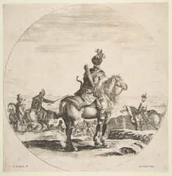 Jeździec polski z łukiem i strzałą, widziany z tyłu z koniem w prawo, ..., ca. 1651.
