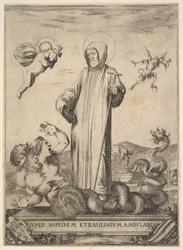 Święty Jean Gualbert depczący potwora o dwóch ludzkich głowach i wężowym ciele, mucha..., 1640.