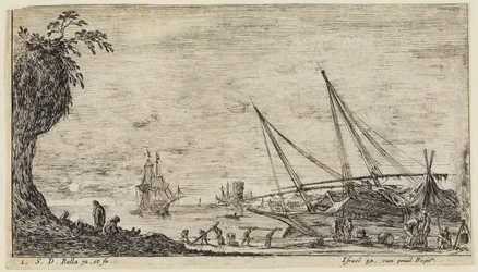 Pejzaże morskie (Paysages maritimes): port morski z marynarzami i robotnikami przenoszącymi kłody drewna