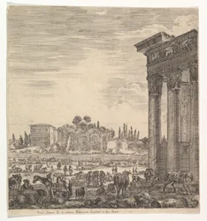Kolumny świątyni Antonina po prawej, część Campo Vaccino pośrodku i..., 1656.