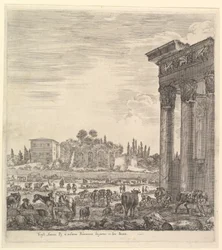 Kolumny świątyni Antonina po prawej, część Campo Vaccino pośrodku i..., 1656.