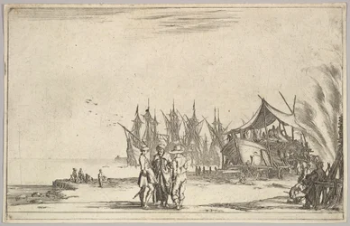 Trzech mężczyzn w kapeluszach stojących pośrodku, mężczyźni naprawiający statek po prawej, pięć statków i różne..., 1639.
