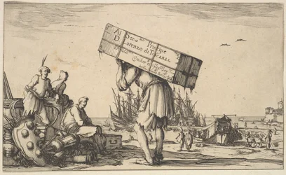 Strona tytułowa: pośrodku mężczyzna niosący walizkę na plecach, trzej mężczyźni patrzący w jego stronę w dniu ..., 1639.