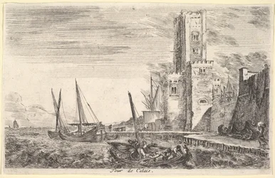 Wieża Calais Tour de Calais, wieża po prawej, dwa statki w morzu po lewej iw cent..., 1647.