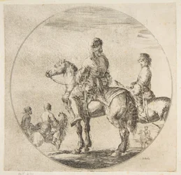 Dwóch polskich jeźdźców z końmi skierowanymi w lewo, z Figur na koniu Cavali..., ca. 1651.
