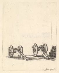 Dwie armaty, dwaj żołnierze widziani z tyłu siedzący z prawej strony, z „Wyposażenie w..., ok. godz. 1638-43.