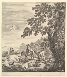 Dwóch jeźdźców mija stado, jadąc w lewo, wieśniaczka i młody chłopak do... ok. godz. 1656.