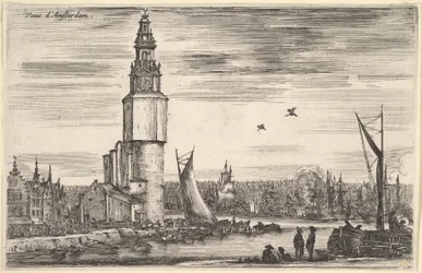 Widok na Amsterdam Vu Amsterdam, wieża i domy po lewej, mężczyźni stojący na molo..., 1647.