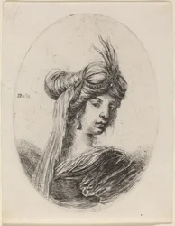 Kobieta w pierzastym turbanie z welonem, zwrócona w prawo, 16491650.