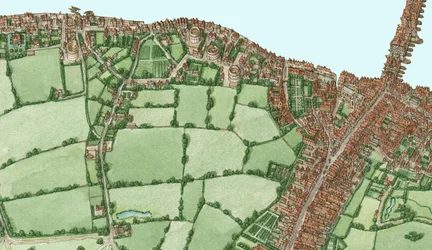 Bankside i Southwark, Londyn, ok. 1600-25, 2021 (tusz i akwarela, technika cyfrowa)