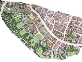 Widok z lotu ptaka Cambridge (narysowany 1996), ok. 1990-2005 (tusz i akwarela)