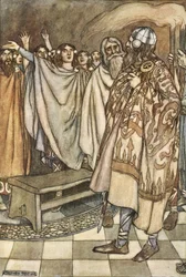 Potężny okrzyk uniesienia podniósł się z ust Ulstermenów, ilustracja z „Wielkich czynów Finna i innych romansów bardyjskich starożytnej Irlandii” autorstwa T.W. Rolleston (kolor lito)