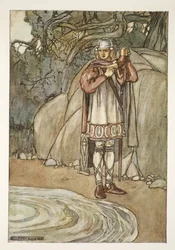 Dermot wziął róg i napełniłby go, ilustracja z „Wielkich czynów Finna i innych romansów bardyjskich starożytnej Irlandii” autorstwa T.W. Rolleston (kolor lito)