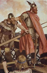 Erik the Red (950-1003/04) wypływa na Grenlandię, ilustracja z „The Book of Discovery” T.C. Mosty, wydanie 1931 (kolor lito)