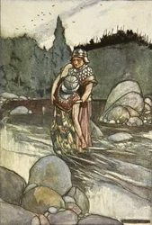 Ferdia spada z ręki Cuchulaina, ilustracja z „Cuchulain, pies z Ulsteru”, autorstwa Eleanor Hull (1860-1935)