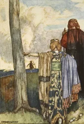 Królowa Maeve spotyka się z Cuchulainem, ilustracja z „Cuchulain, The Hound of Ulster” Eleanor Hull (1860-1935)