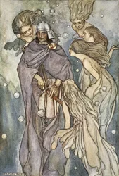 Mieszkały tam rudowłose nimfy oceaniczne, ilustracja z „The High Deeds of Finn and other Bardic Romances of Ancient Ireland” autorstwa T.W. Rolleston (kolor lito)
