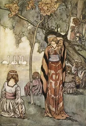 Zrobili obozowisko i łabędzie śpiewały im, ilustracja z „Wielkich czynów Finna i innych romansów bardyjskich starożytnej Irlandii” T.W. Rolleston (kolor lito)