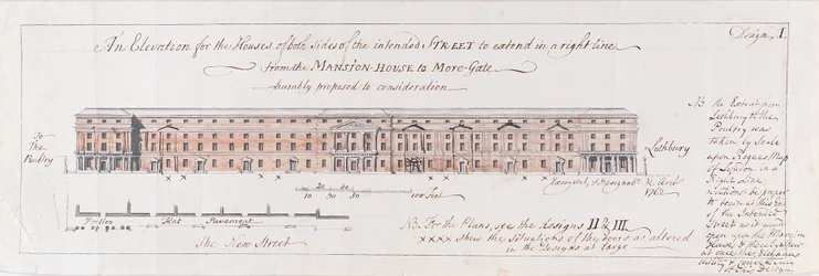 Projekt domów po obu stronach planowanej ulicy, rozciągających się w odpowiedniej linii od Mansion-House do More-Gate, pokornie zaproponowany do rozważenia, 1762 (wc nad piórem i grafitem na papierze wykładanym)