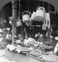 Sklepy na rodzimym rynku, Rangun, Birma, 1908