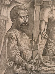 Andreas Vesalius rozcinający mięśnie przedramienia zwłok, 1543.