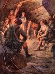 Uzbrojeni górale siedzą wokół ognia i snują plany dla Bonnie Prince Charlie.