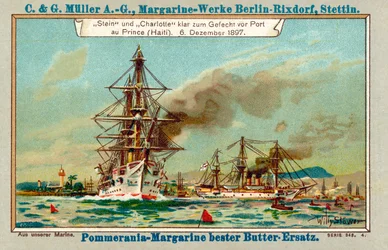 Niemieckie okręty wojenne Stein i Charlotte w Port au Prince Harbour na Haiti podczas afery Luders, 6 grudnia 1897 (chromolitho)