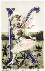 K : Juliette Mealy , piosenkarka i tancerka kabaretowa z la Belle Epoque - twórczyni piosenki "Frou Frou" w 1897 - Alfabet na pocztówce
