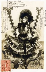 V: Mariette Sully, belgijska sopran z Belle Epoque - Teatry: Bouffes Parisiennes, Menu Plaisirs, Gaite, Paryż - Alfabet na pocztówce