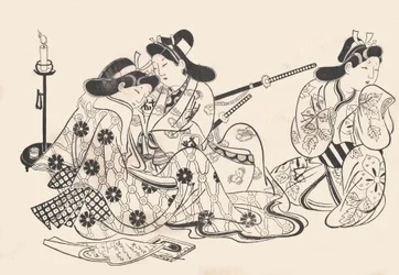 Siedzący samuraj i kurtyzana, sługa obok nich, ca. 1685., ca. 1685.