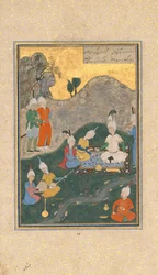 Alexander na bankiecie, Folio z Kwintetu Khamsa z Nizami, datowane AH 931 AD. 1524-25.