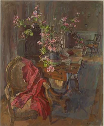 Czerwony płaszcz z geranium