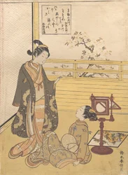 Nastoletni chłopiec i dziewczynka z widzem do obrazu Optique Nozoki-karakuri, Kobo Da..., ca. 1788.