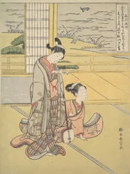 Młody mężczyzna i kobieta z Shamisenem, mnich Saigyo, z cyklu nawiązującego do Tr..., ca. 1768.
