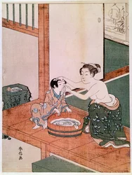 Naga matka myjąca swoje dziecko w Japonii obok misy wypełnionej wodą. Drzeworyt Suzukiego Harunobu (1725-1770). 1766-1768. Wymiary: 0,27 x 0,201 m. Paryż, Musée Guimet, Narodowe Muzeum Sztuki Azjatyckiej