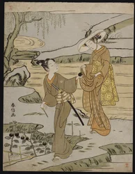 Letnia scena na wzniesionym nasypie przedstawiająca młodego mężczyznę ścinającego bakłażana, by dać swojej młodej towarzyszce