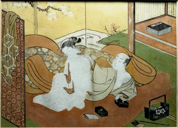 Para kochanków leżąca we wnętrzu z parawanem, druk Nishiki-e autorstwa Suzuki Harunobu (1725-ok. 1770), ok. 1765. 20,6 x 27,8 cm, kolekcja prywatna