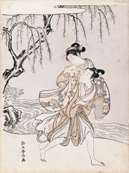 Para nad brzegiem rzeki, Suzuki Harunobu (1725-1770), tusz i kolory, Japonia, cywilizacja japońska, okres Edo