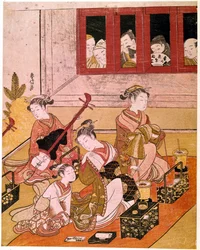 Kurtyzany grające muzykę, wystawione na spojrzenia podglądaczy. Drzeworyt japoński autorstwa Suzukiego Harunobu (1725-1770). Około 1769. Wymiary: 0,27 x 0,21 m. Paryż, Muzeum Guimet, Narodowe Muzeum Sztuki Azjatyckiej