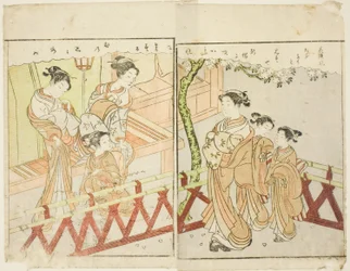 Dwustronicowa ilustracja z tom. 2 z „Picture Book of Spring Brocades (Ehon haru no nishiki)”