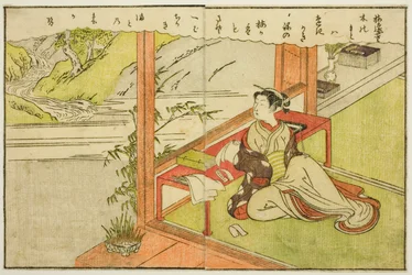 Dwustronicowa ilustracja z tom. 2 z „Picture Book of Spring Brocades (Ehon haru no nishiki)”