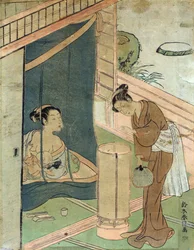 Matka i dziecko za moskitierą autorstwa Harunobu Suzuki, japońskiego projektanta drzeworytu w stylu Ukiyo-e.