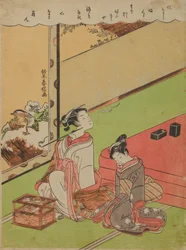 Oiran paląca fajkę i jej drzemiąca służebna