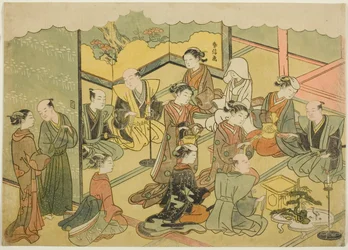 Ceremonialna Sake (Konrei sakazuki), czwarty arkusz z serii „Małżeństwo w drukach brokatowych, powóz cnotliwej kobiety (Konrei nishiki misao-guruma)”