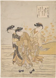 Sztuki orientalne: rzeka Tama w Ide, prowincja Yamashiro par Harunobu, Suzuki (1724-1770), ok. 1768. Drzeworyt kolorowy, 27,3x18,9. Prywatna kolekcja