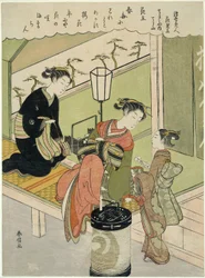Tray Peoney: Chozan of Chojiya (Chojiya Uchi Chozan, Kao), z „Parodii Foaching” Te Serie lub Beauchies As Fours (Ukiyo Bijin Hanamitate)”