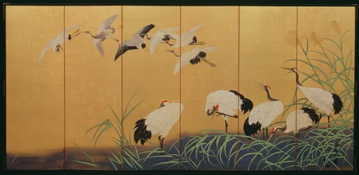 Sześciokrotny parawan przedstawiający trzciny i żurawie, okres Edo, Japonia, XIX w. (kolor na złoconym jedwabiu)
