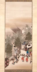 Yoshiwara And Shinagawa (atrament, kolor i złoto na jedwabiu)